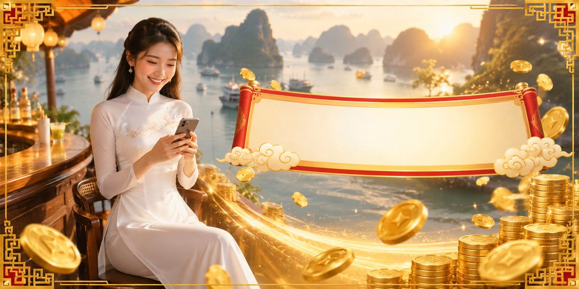 Người mặc áo dài tại vịnh Hạ Long sử dụng điện thoại truy cập nền tảng cá cược casino xstphcm