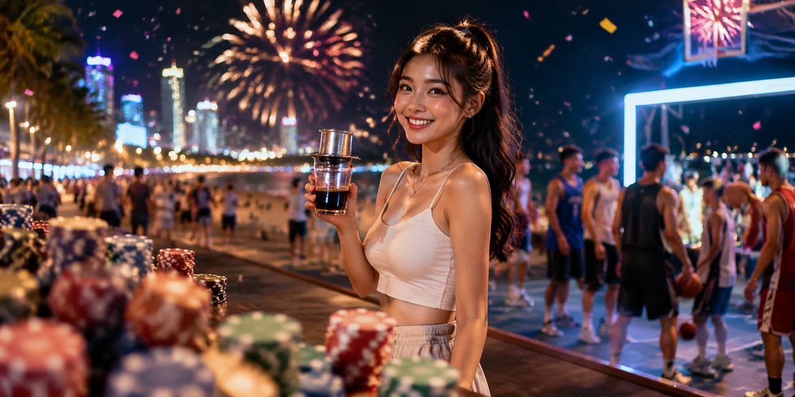 Người dùng tại Phan Thiết uống cà phê và phân tích kèo bóng rổ trên thiết bị di động